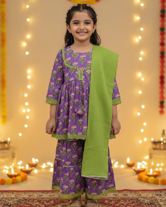 Floral Gathered Lavender Kurta With Sharara Set