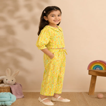 Yellow Coloured polka dots Printed Girls Co-Ords