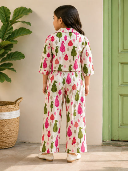 Blue Block Printed 3 Piece Girls Co-Ords