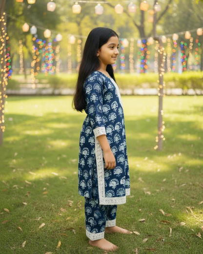 Blue Block Printed Straight Kurta with Palazzo