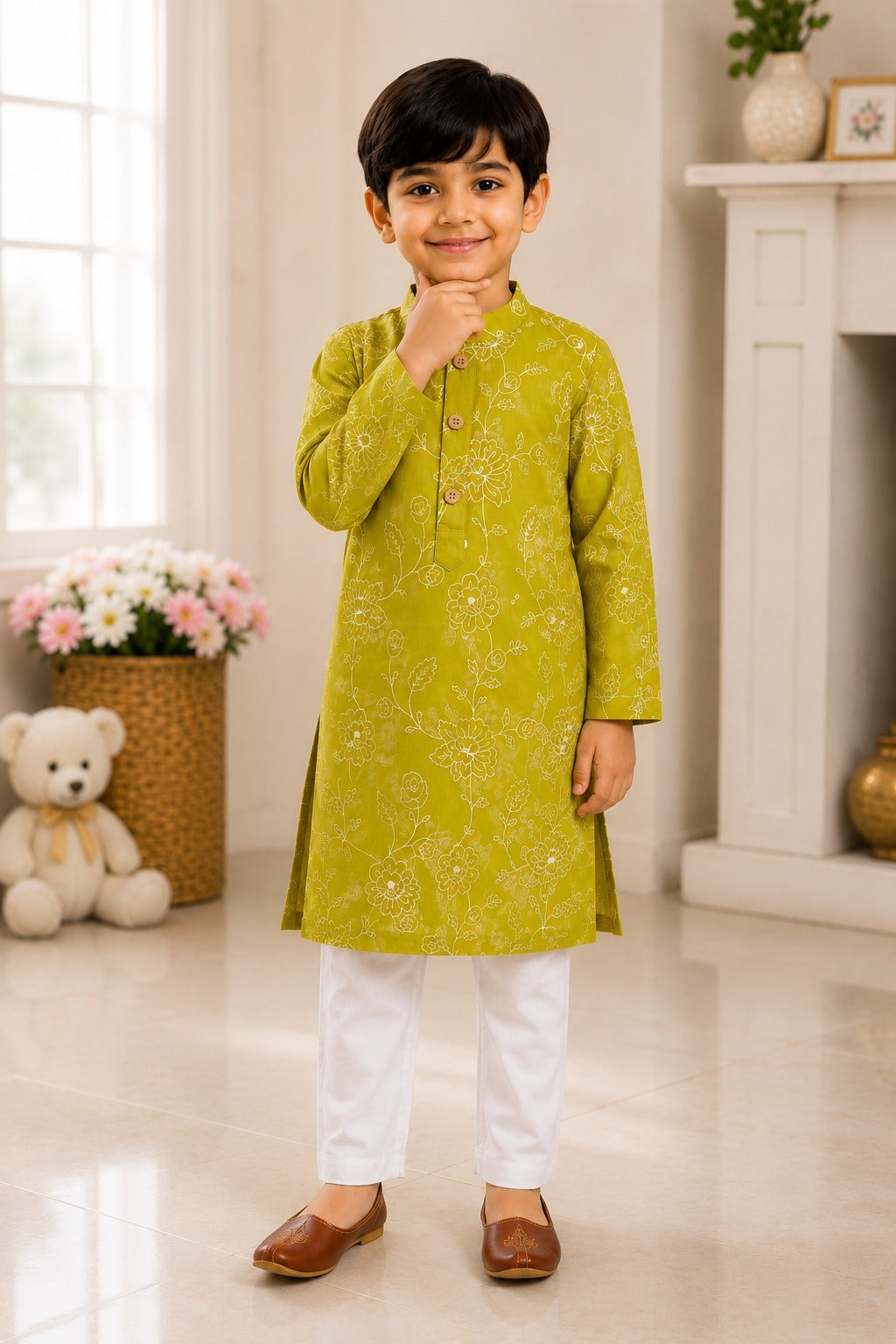 Embroided  Mul cotton Lime Greencoloured  Kurta with embroided Pajama