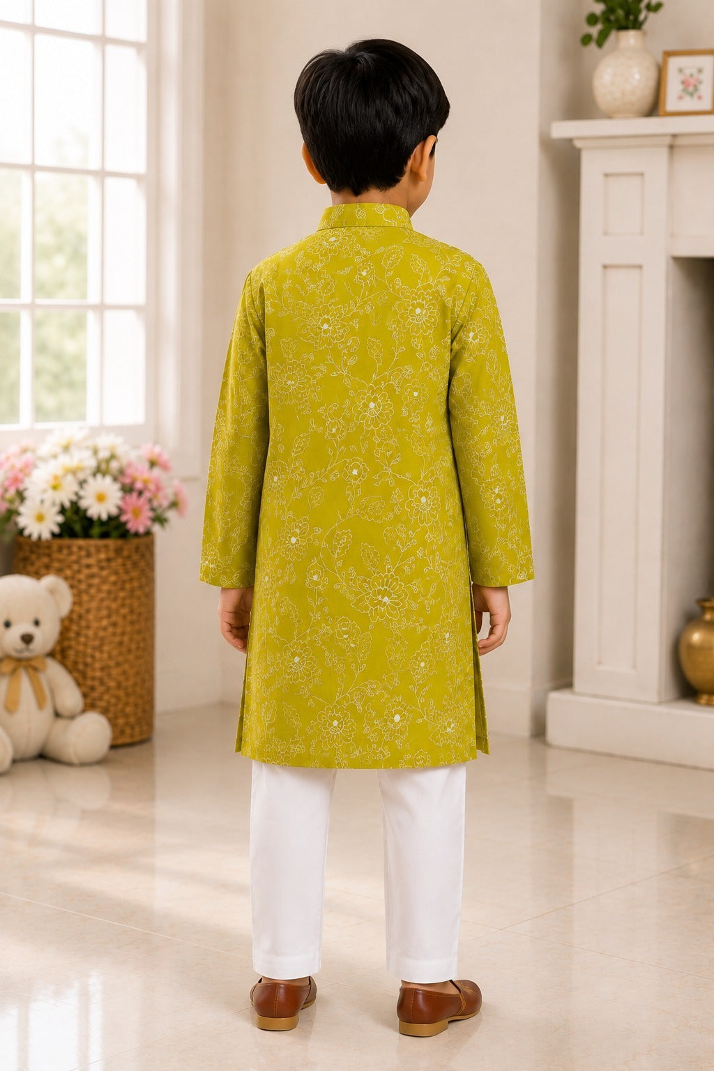 Embroided  Mul cotton Lime Greencoloured  Kurta with embroided Pajama