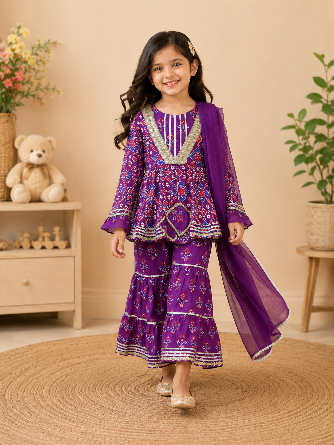 Girls Patola Printed Cambric Cotton Kurti Sharara Set with Dupatta