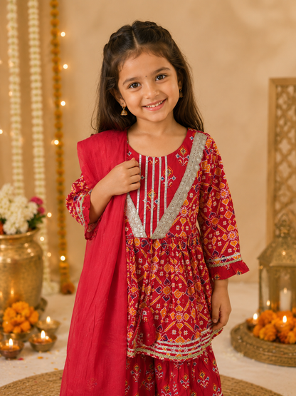 Girls Patola Printed Cambric Cotton Kurti Sharara Set with Dupatta