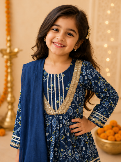 Girls Patola Printed Cambric Cotton Kurti Sharara Set with Dupatta