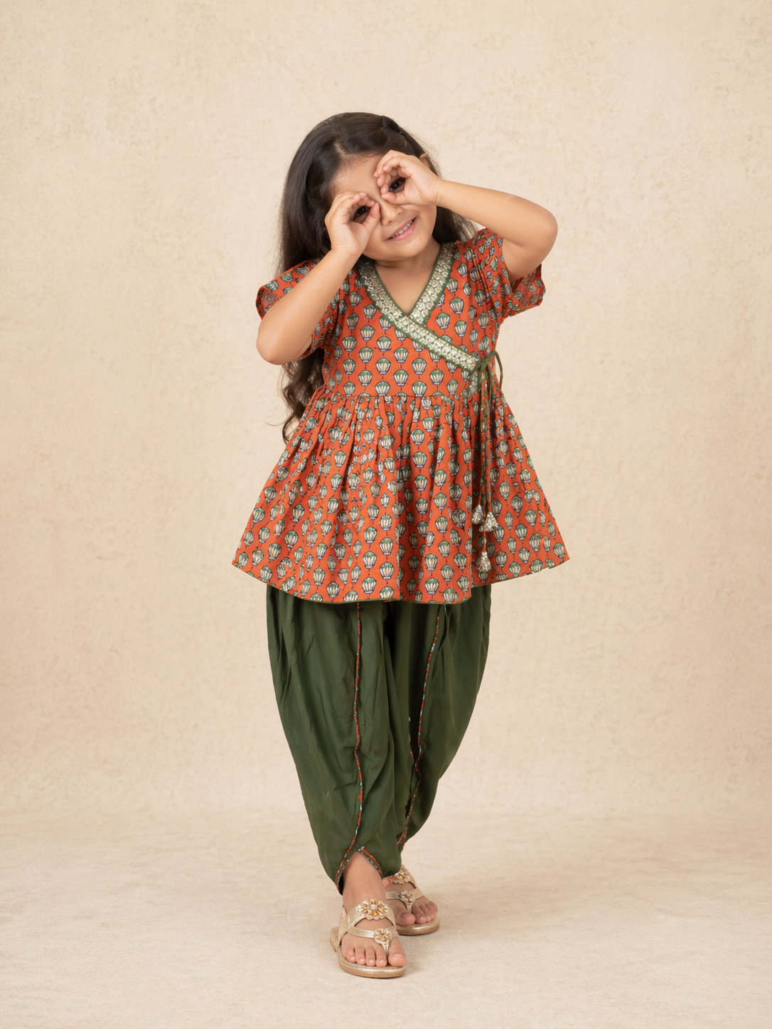 Girls Magenta Pink Lotus Buti Angrakha Kurti with Tulip Pant