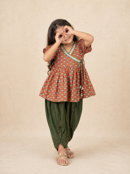 Girls Magenta Pink Lotus Buti Angrakha Kurti with Tulip Pant