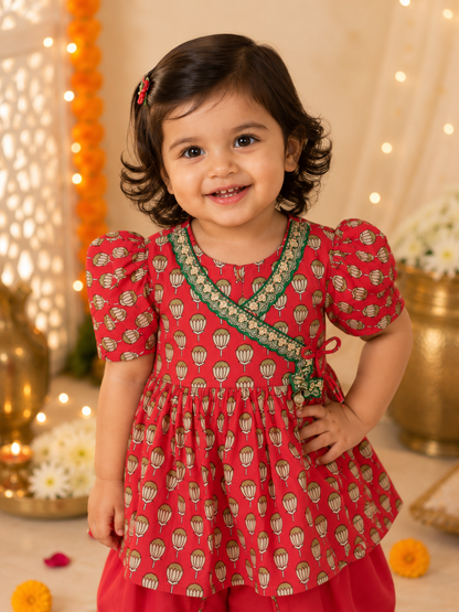 Girls Magenta Pink Lotus Buti Angrakha Kurti with Tulip Pant