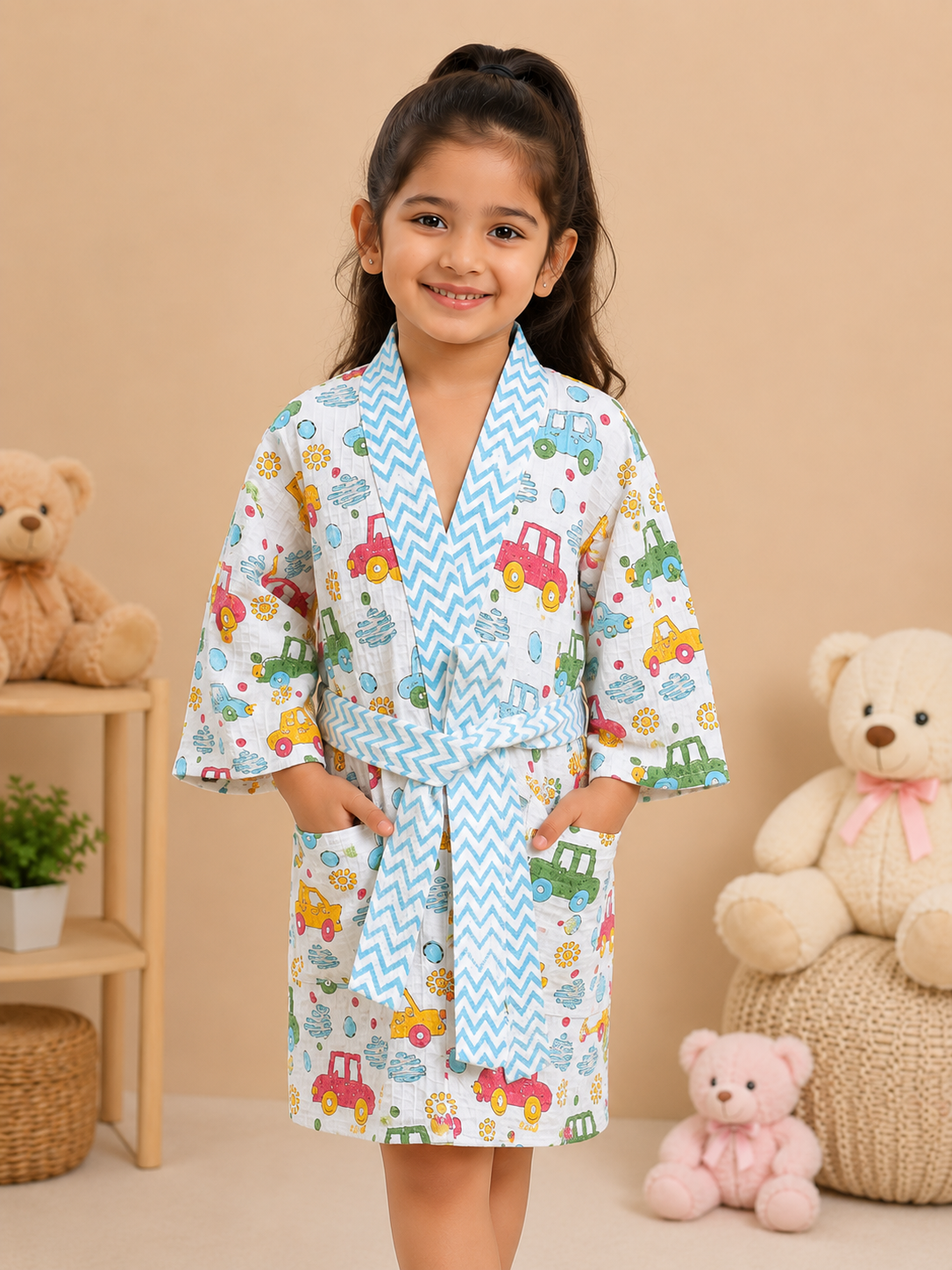 Girls Cotton Waffle Bathrobe with Cute Giraffe and  car Print & Belt