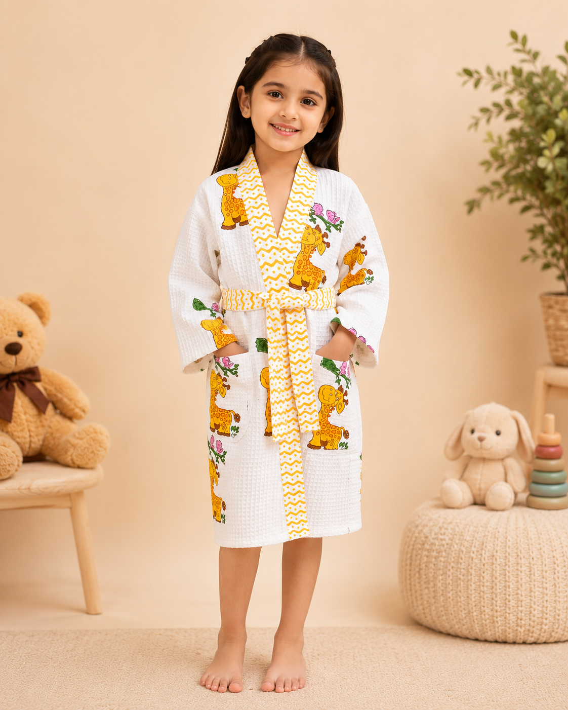 Girls Cotton Waffle Bathrobe with Cute Giraffe and  car Print & Belt