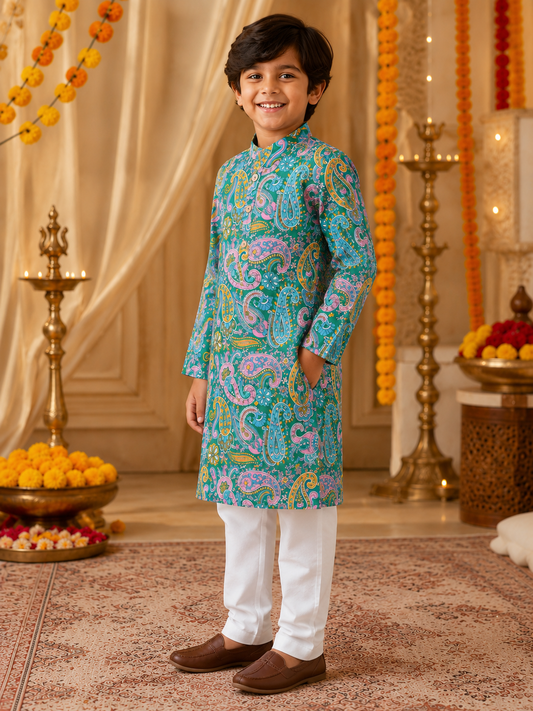 Boys Paisley Printed Cambric Cotton Kurta Pyjama Set