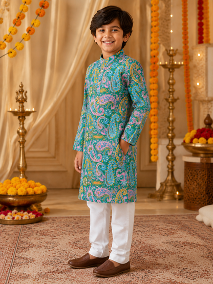 Boys Paisley Printed Cambric Cotton Kurta Pyjama Set
