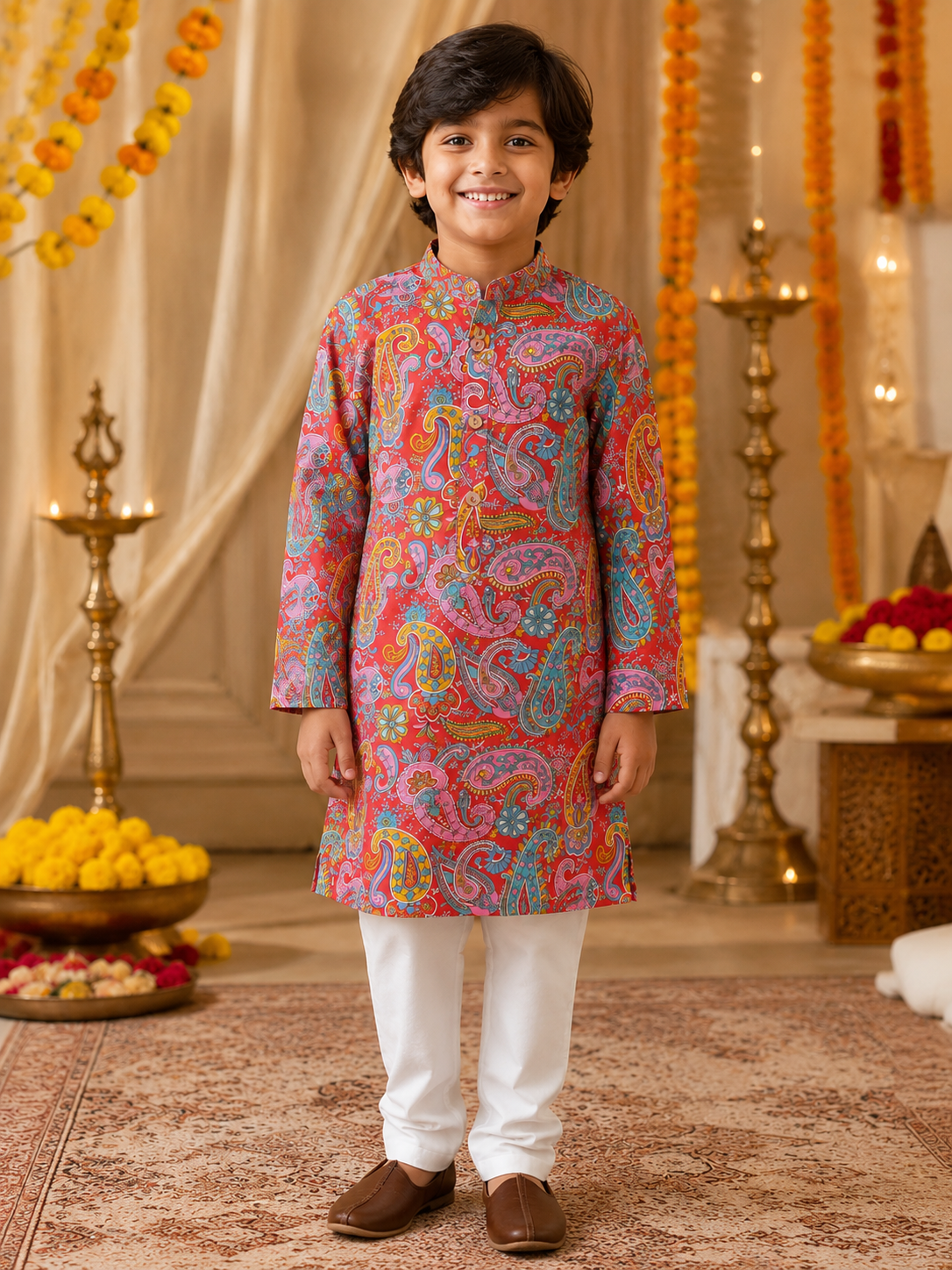 Boys Paisley Printed Cambric Cotton Kurta Pyjama Set
