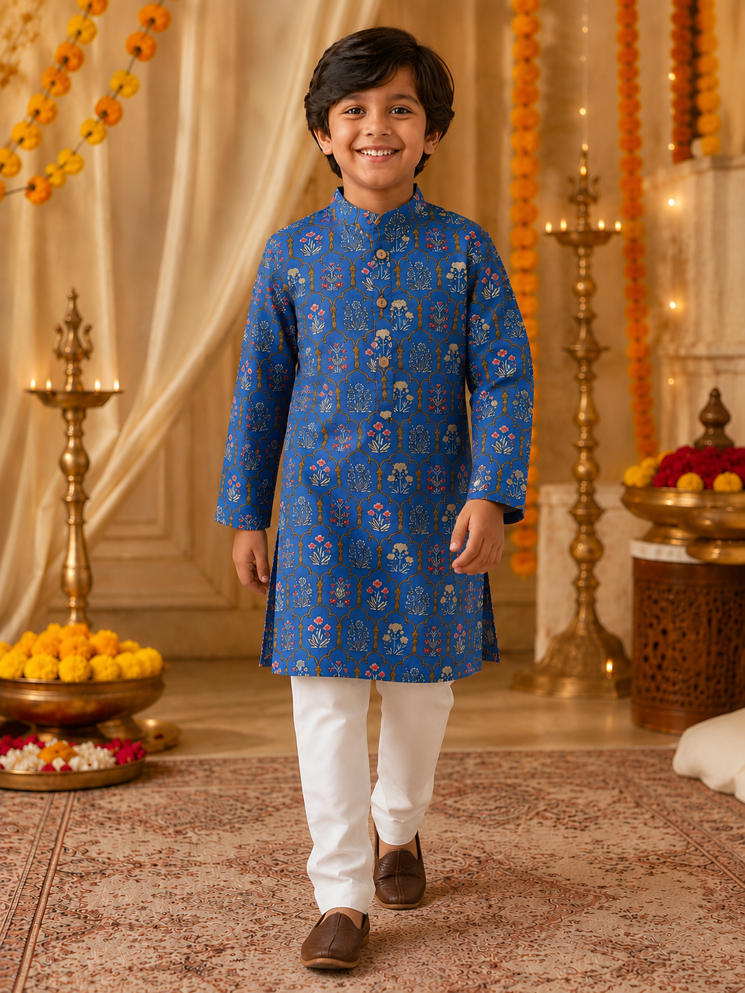 Boys Mughal Boota Printed Cambric Cotton Kurta Pyjama Set