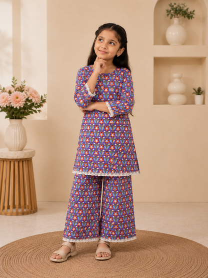 Girls Floral Printed Cambric Cotton Straight Kurta with Palazzo Set