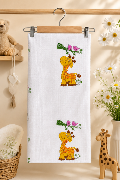 Kids White Waffle Cotton Bath Towel with Cute Giraffe Print