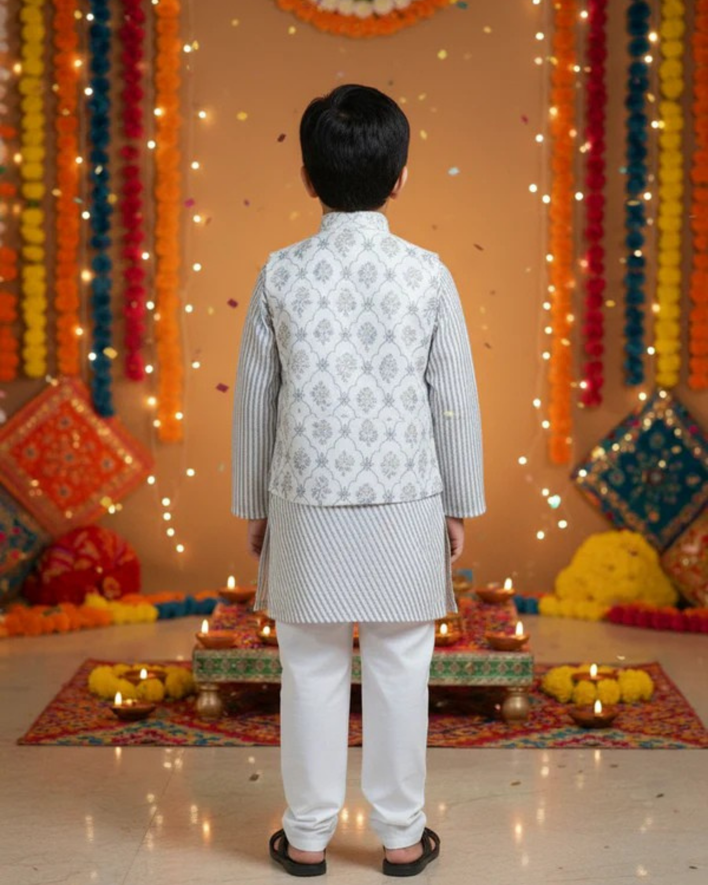 White Foil print Jacket with Kurta -Pyjama