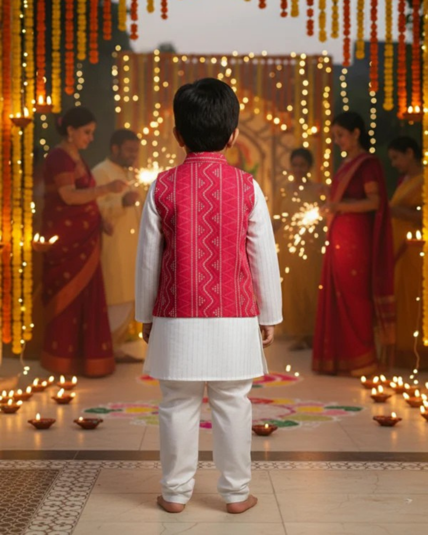 Red Bandhej Jacket With Lurex Kurta Pyjama
