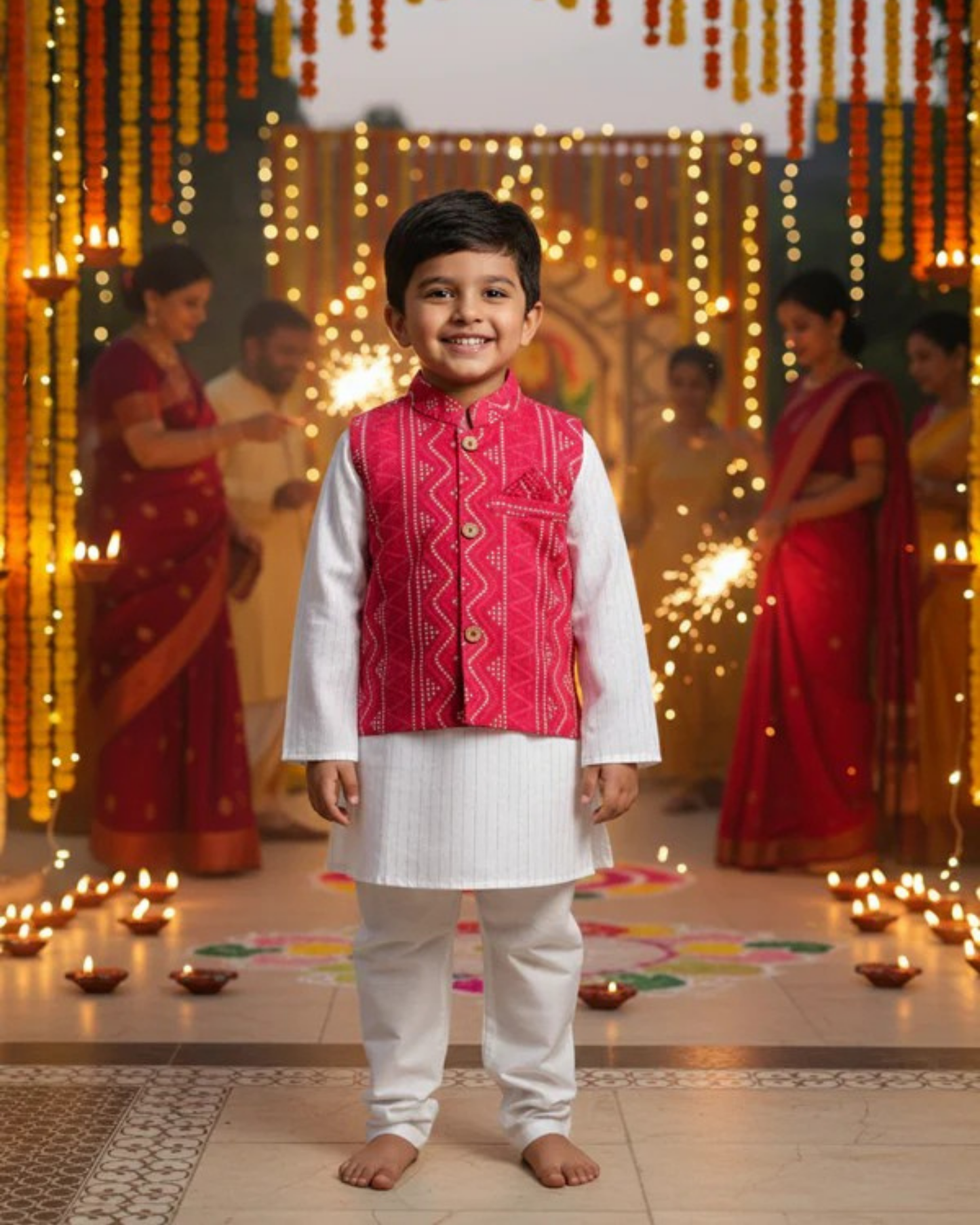 Red Bandhej Jacket With Lurex Kurta Pyjama