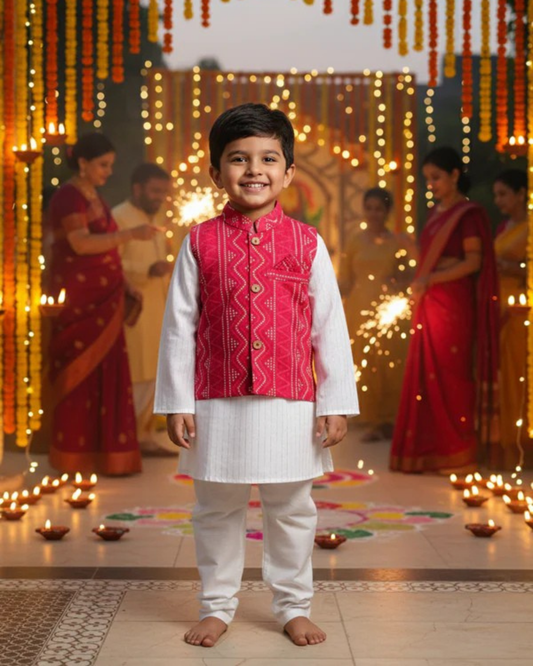 Red Bandhej Jacket With Lurex Kurta Pyjama