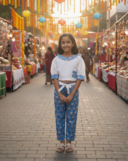 Blue Coloured Auto Printed Girls Co-Ords