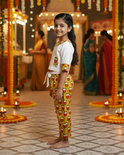 Mustard coloured Auto Printed Girls Co-Ords