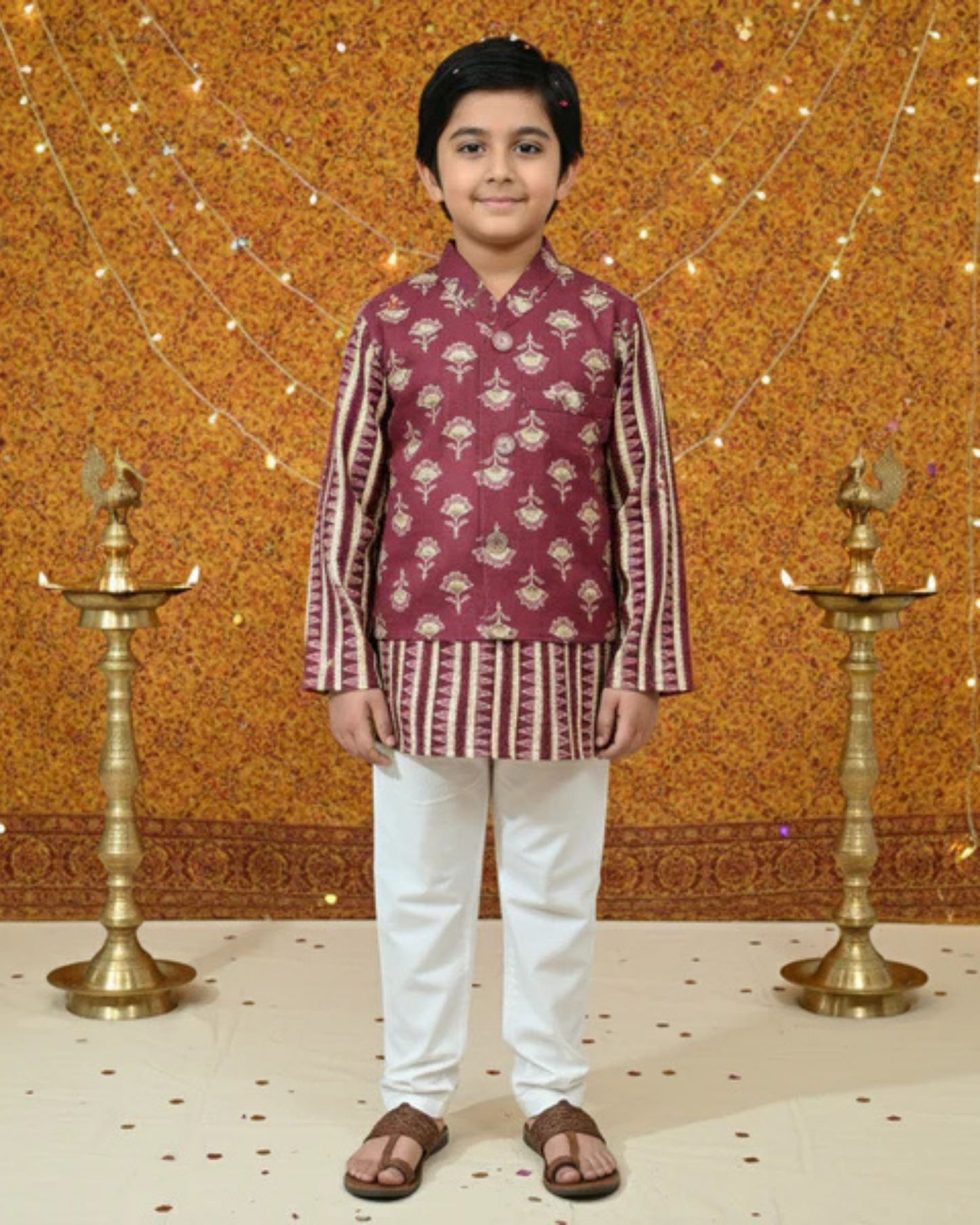 Plum Foil print Jacket with Kurta Pyjama