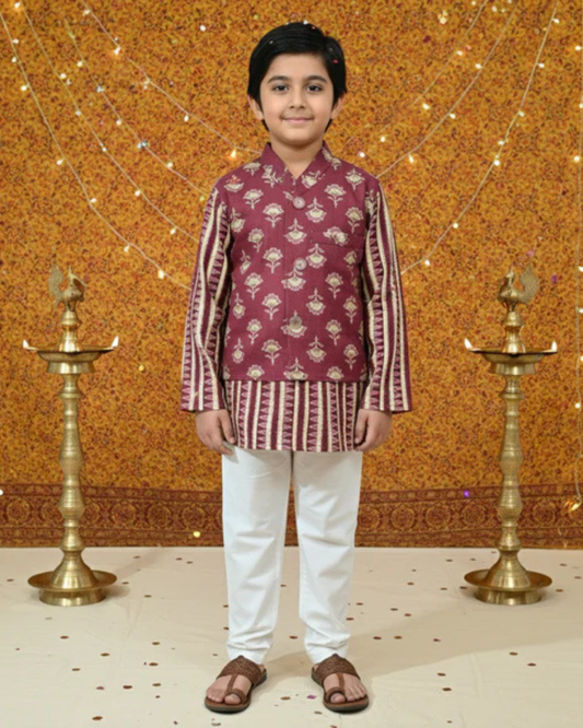 Plum Foil print Jacket with Kurta Pyjama