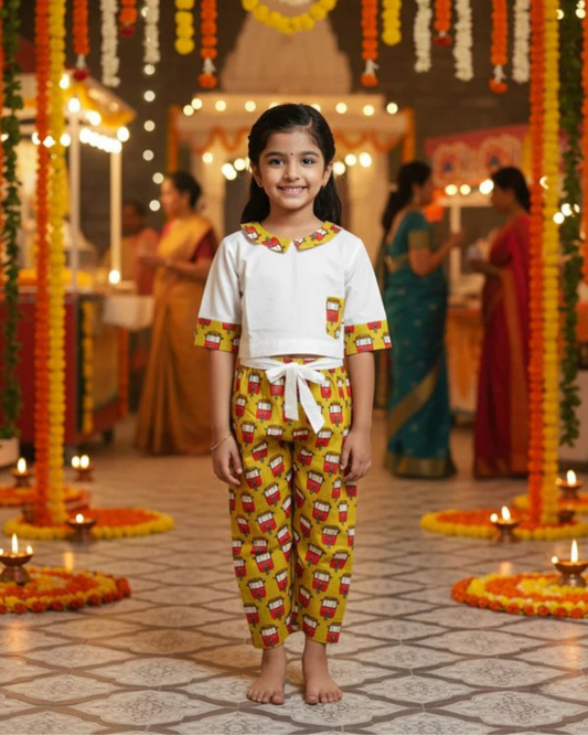 Mustard coloured Auto Printed Girls Co-Ords