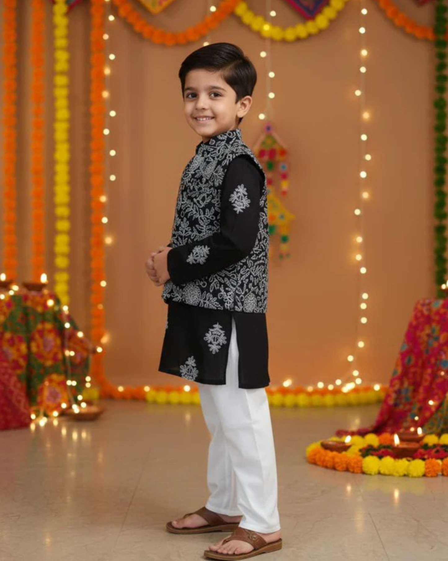 Black Khadi Print Jacket with Kurta -Pyjama