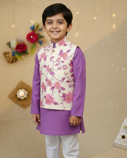 Lavender rose print kurta Pyjama with jacket