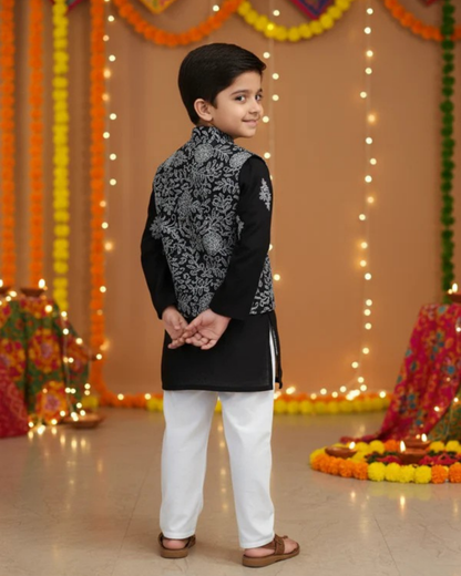 Black Khadi Print Jacket with Kurta -Pyjama