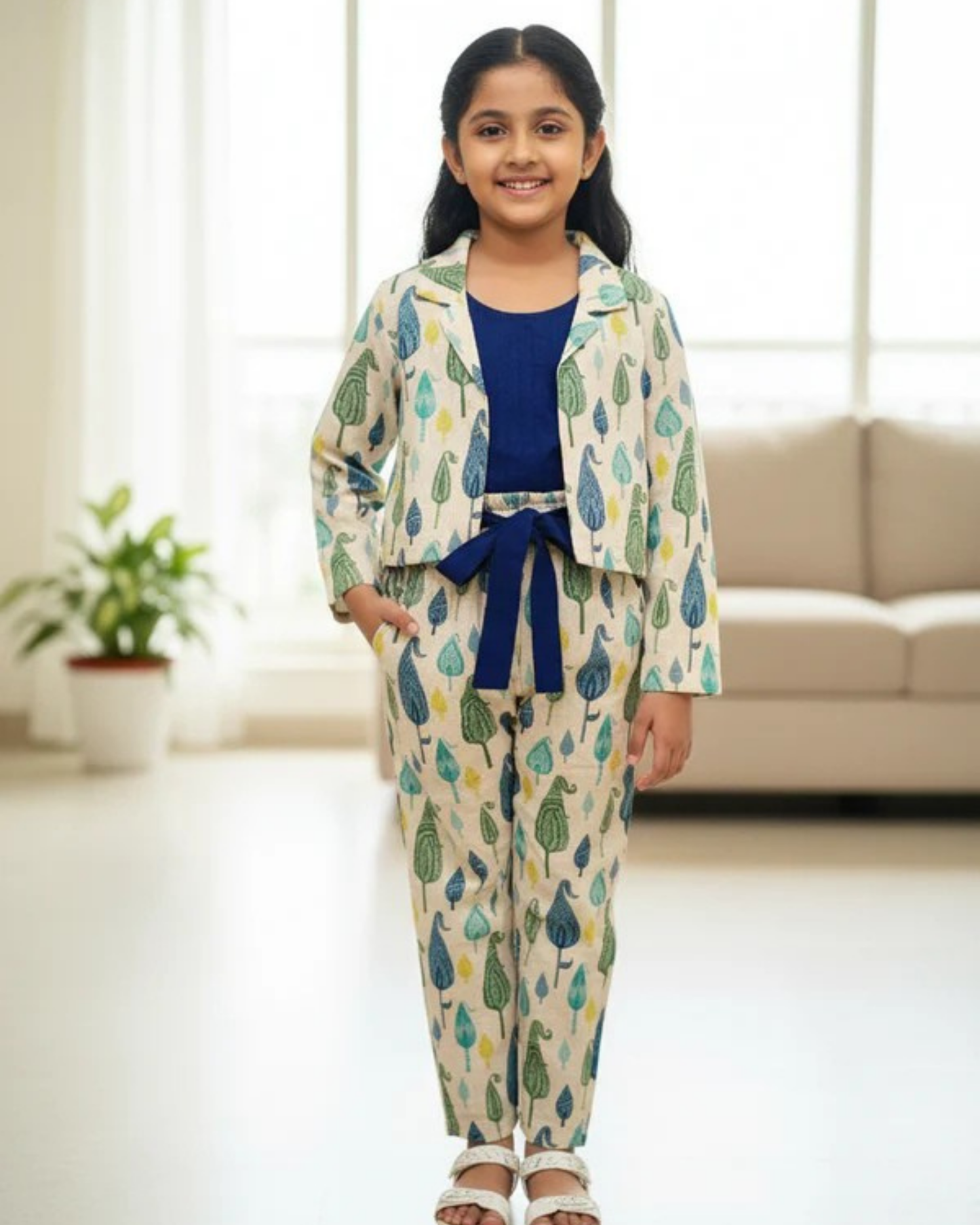 Blue Block Printed 3 Piece Girls Co-Ords
