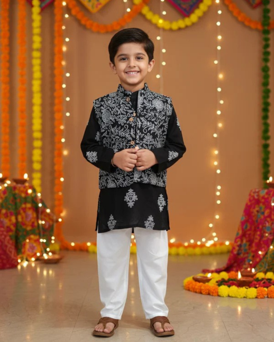 Black Khadi Print Jacket with Kurta -Pyjama