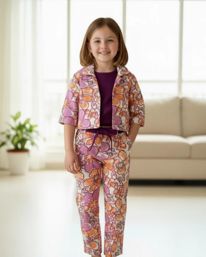 Purple Floral Printed 3 Piece Girls Co-Ords