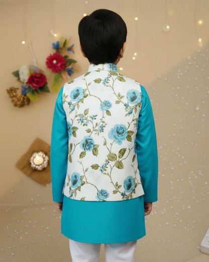 Sky Blue Rose Jacket with Kurta -Pyjama