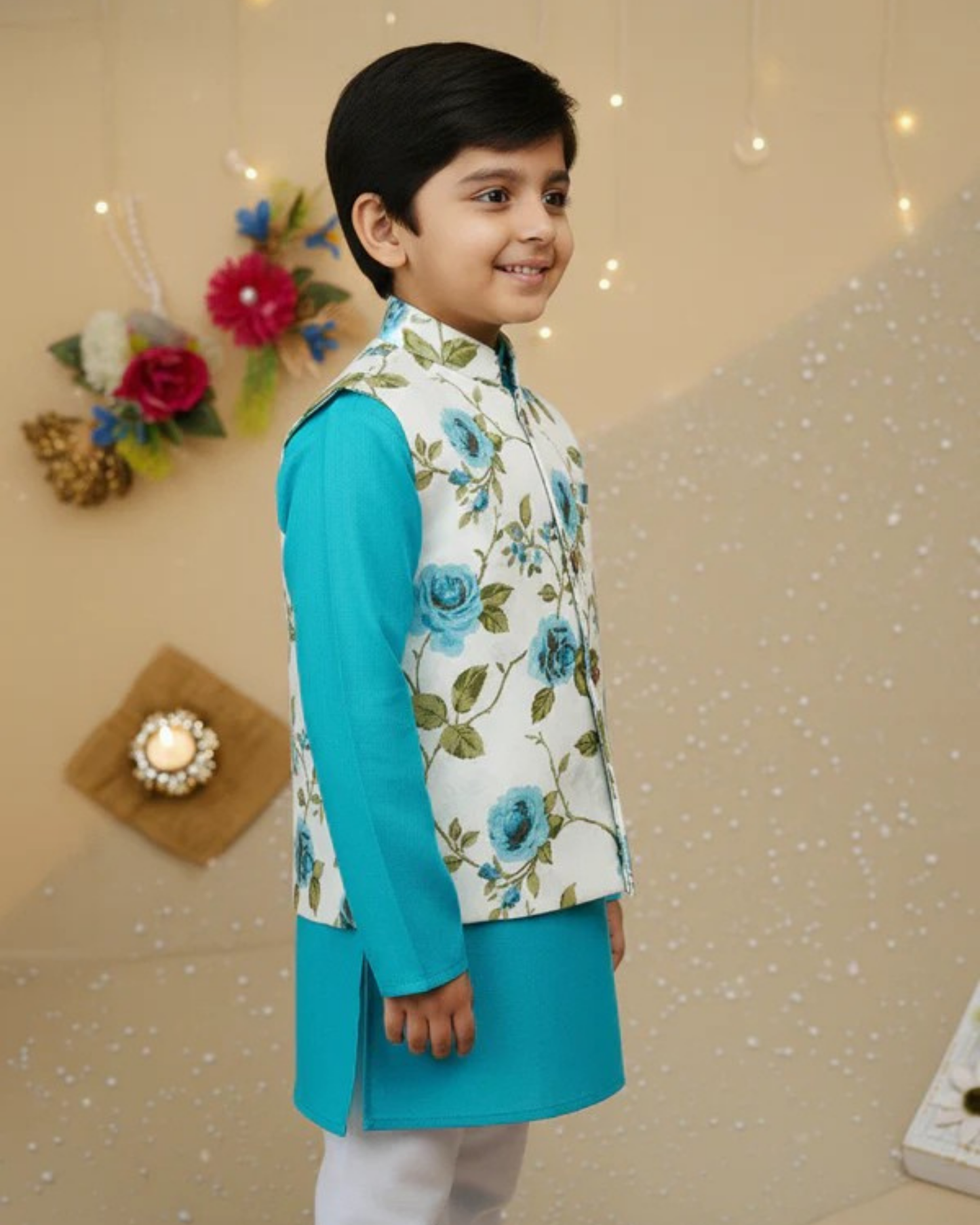 Sky Blue Rose Jacket with Kurta -Pyjama