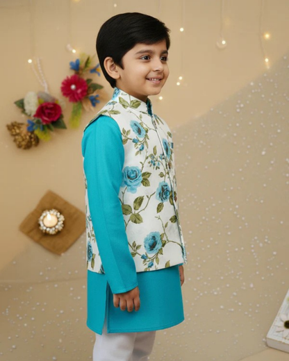 Sky Blue Rose Jacket with Kurta -Pyjama