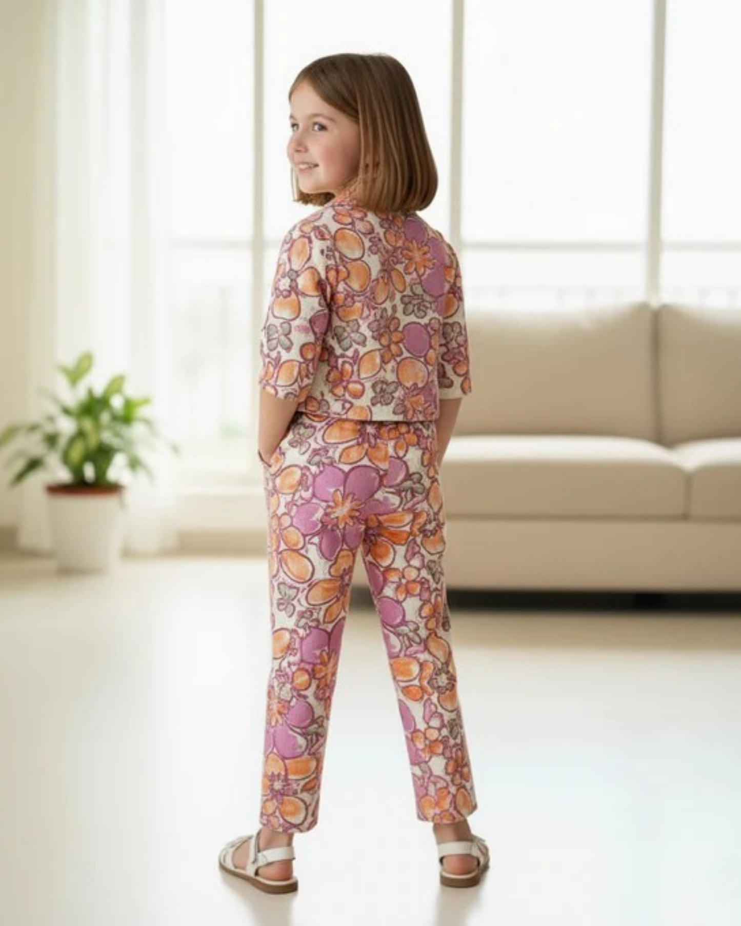 Purple Floral Printed 3 Piece Girls Co-Ords
