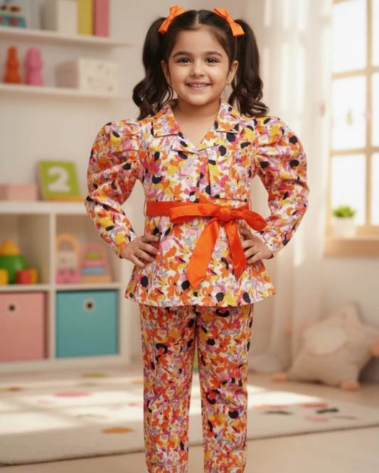 Orange Colour Flower Print Girls Co-Ord Set
