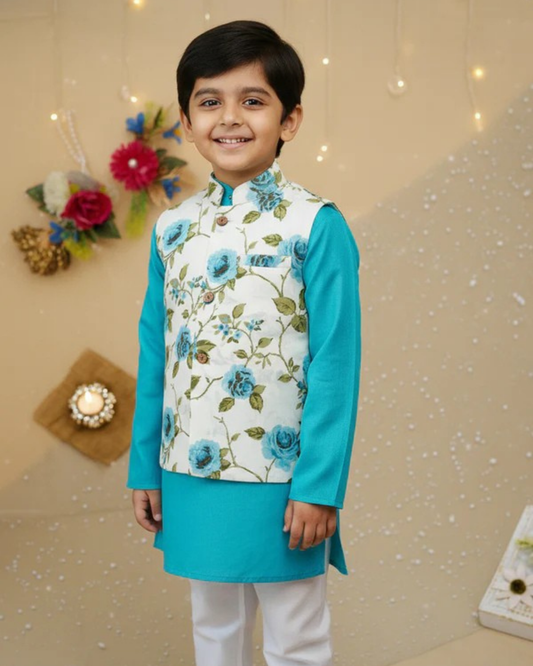 Sky Blue Rose Jacket with Kurta -Pyjama