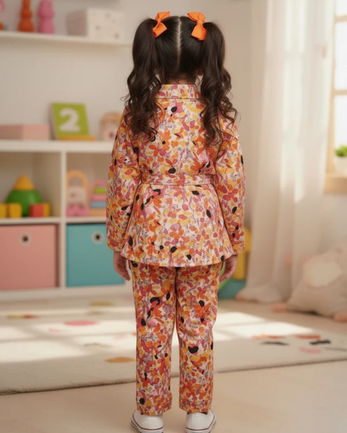 Orange Colour Flower Print Girls Co-Ord Set