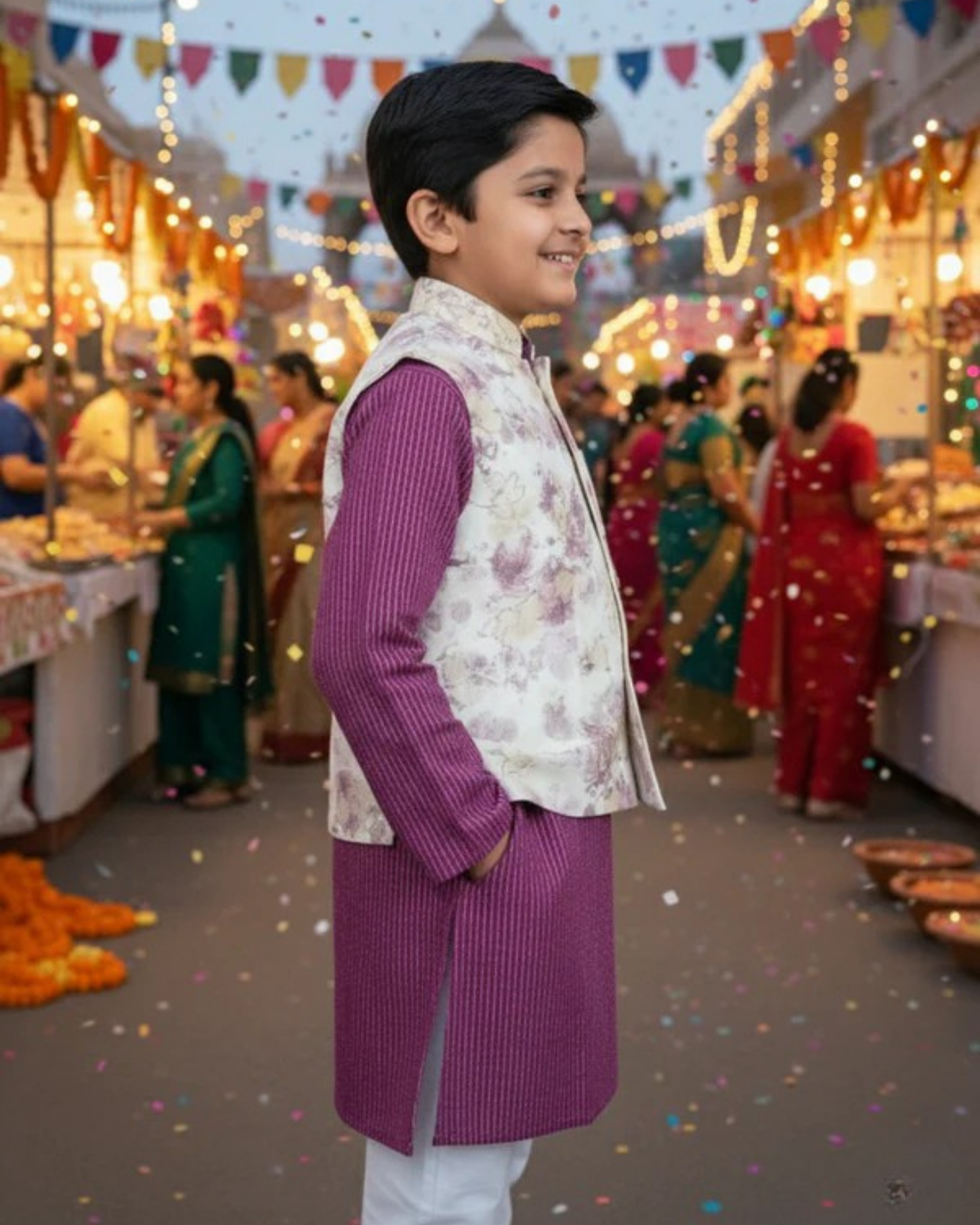 Abstract cream/Purple print Jacket with Kurta -Pyjama