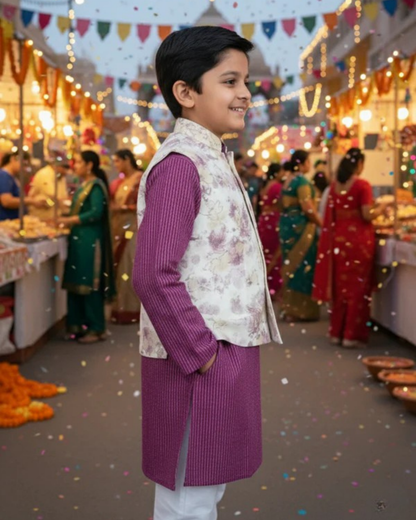 Abstract cream/Purple print Jacket with Kurta -Pyjama