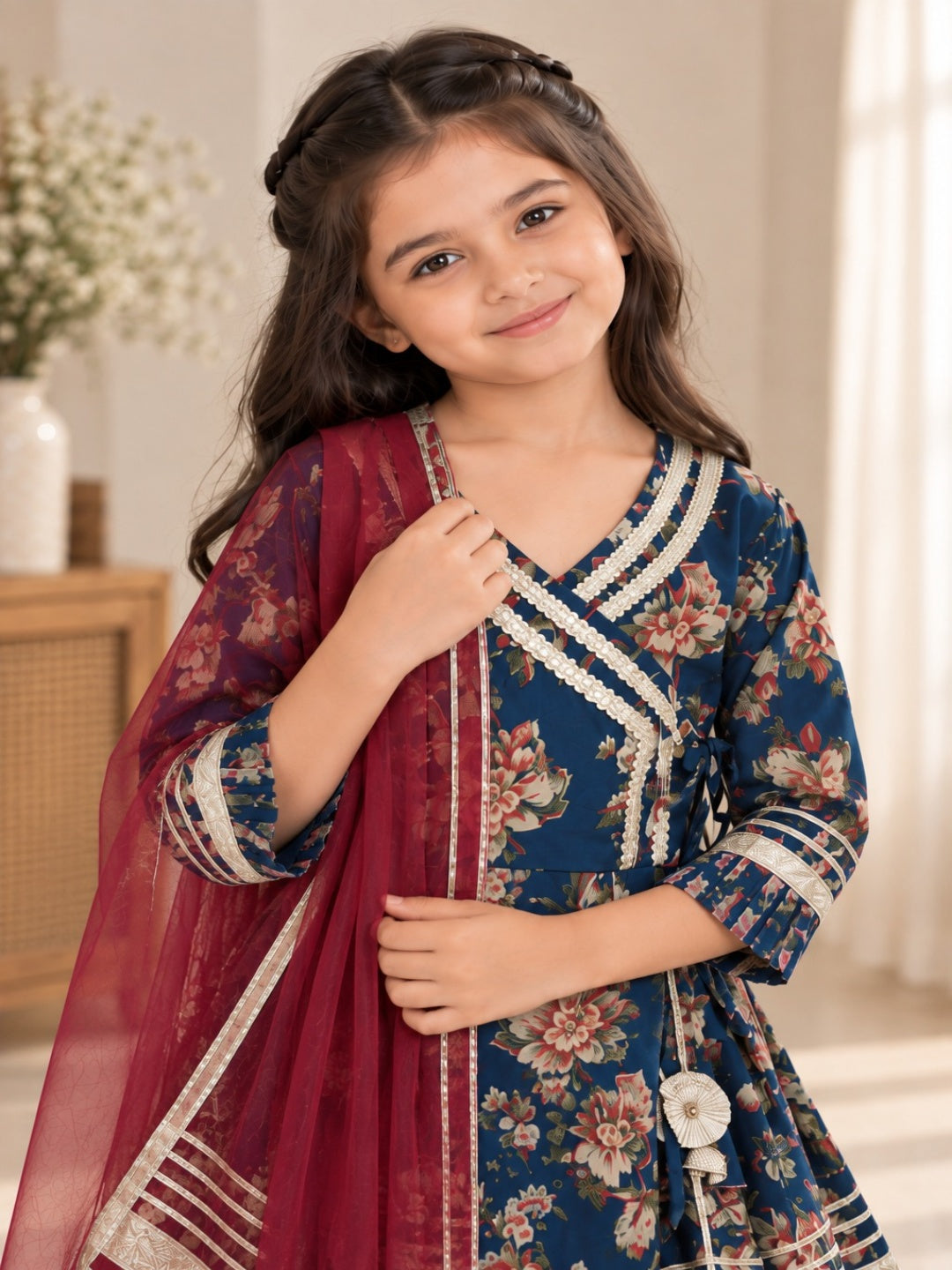 Blue Floral Printed Girls Flare Suit Set