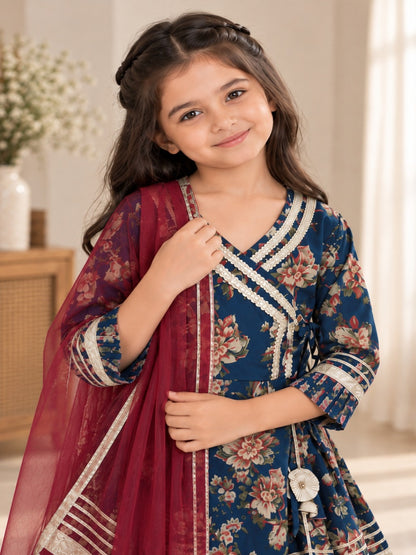 Blue Floral Printed Girls Flare Suit Set