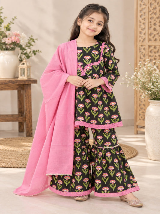 Floral Gathered Black Kurta With Sharara Set
