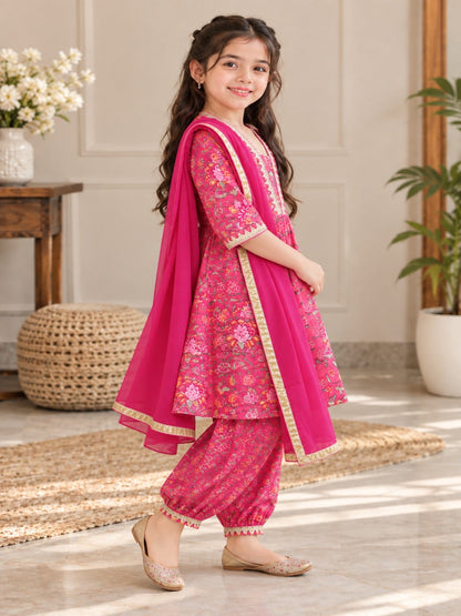 Floral Print Rani Pink Colour Afghani Style Suit Set