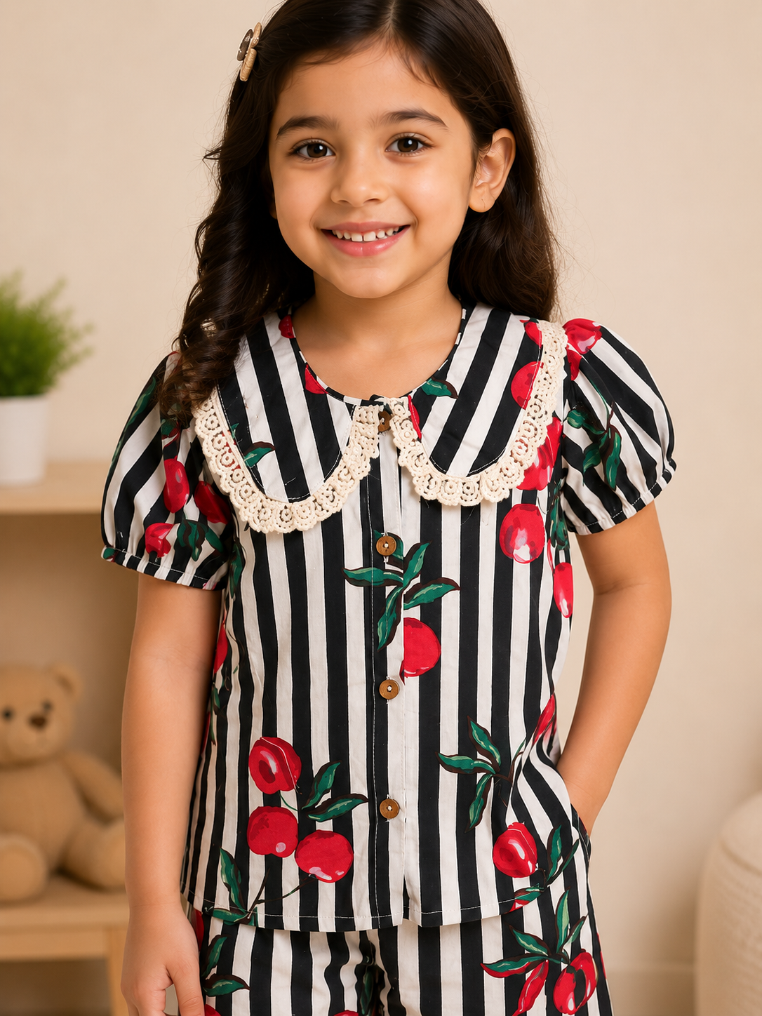 Striped-quirky-fruit  printed Cord-Set  for Girls