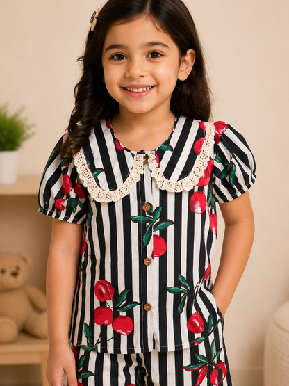 Striped-quirky-fruit  printed Cord-Set  for Girls